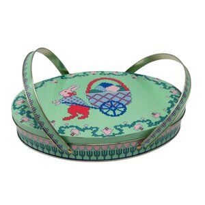 Easter Bunny Pulling Cart and Eggs Tin With Handles Vintage 14"